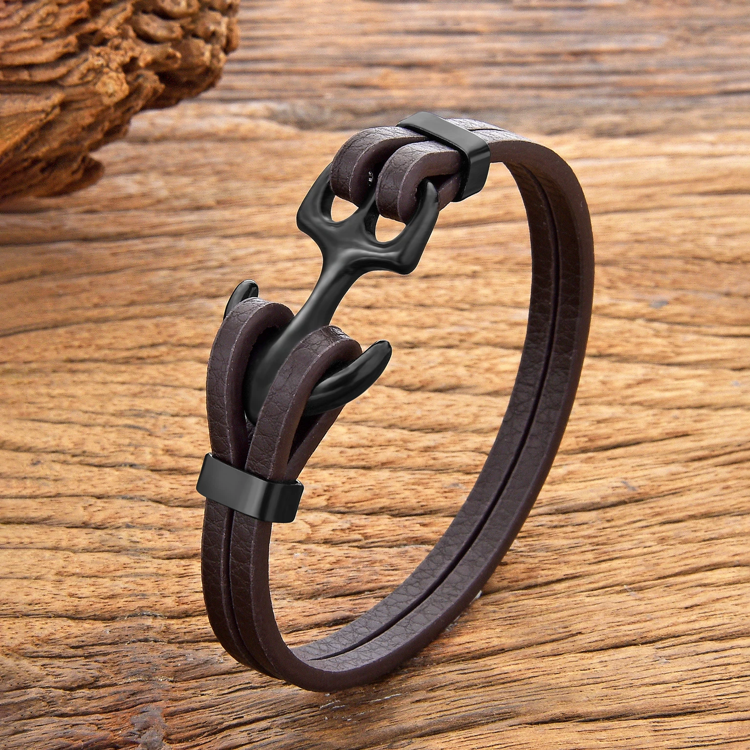 New Punk Navy wind Stainless Steel Anchor Bracelets Brown Black Leather Bracelet & Bangles for Men Trendy Jewelry Gift 2024