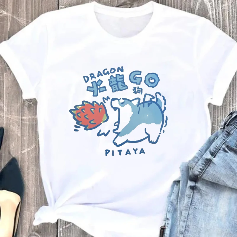Summer Fire Dragon Dog Fruit Chai Print Short Sleeve Women's T-shirt Hip Hop Fashion Cute Pattern Fashion Women Clothes