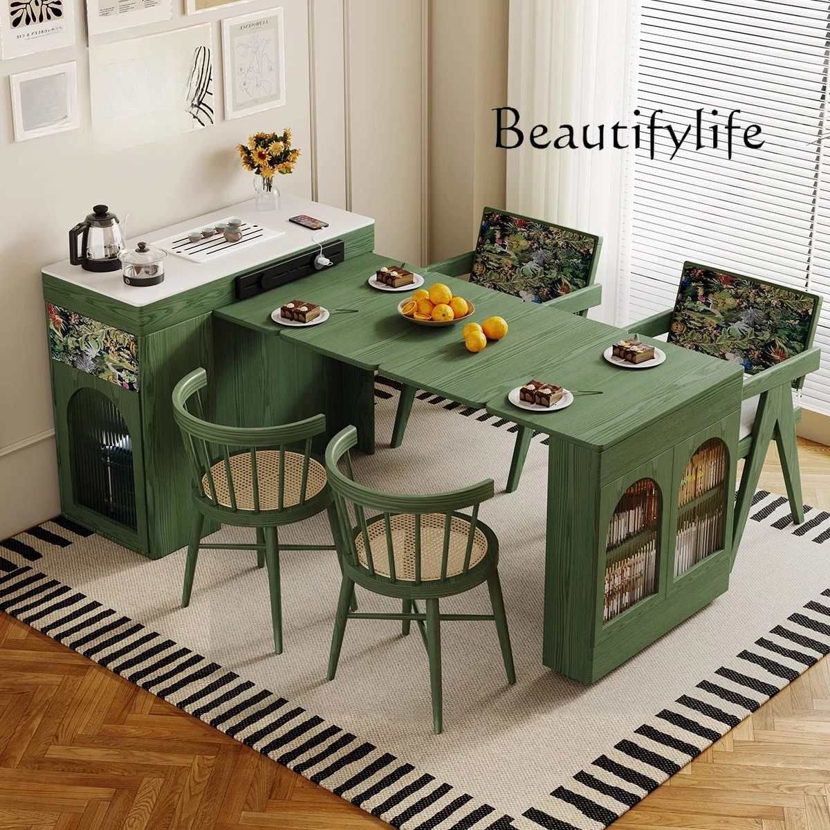 

French retro retractable solid wood island dining table integrated American folding dining table multi-functional tea table