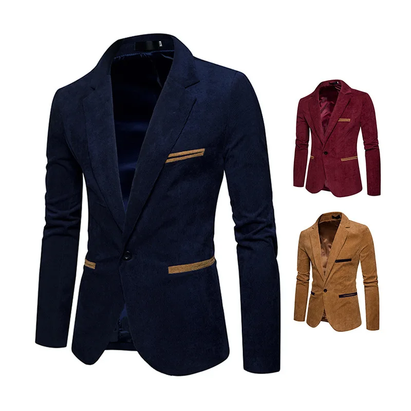 Spring and Autumn Fashion Men's Corduroy Suit Coat Men's Casual Color Block Jacket Small Suit Coat