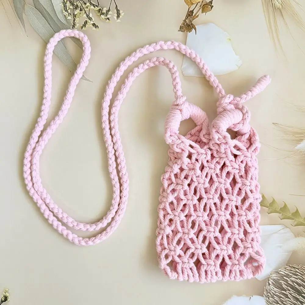 Boho Style Woven Phone Bag Cotton Rope Adjustable Lanyard Strap Crossbody Phone Bag Hollow Mesh Knitted Phone Purse Daily Use