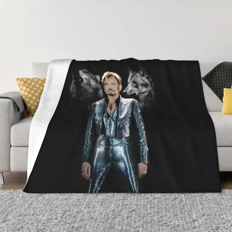 

Johnny Hallyday With Wolf Blanket Fleece Spring Warm Flannel French Rock Singer Throw Blankets for Sofa Outdoor Bedroom Quilt