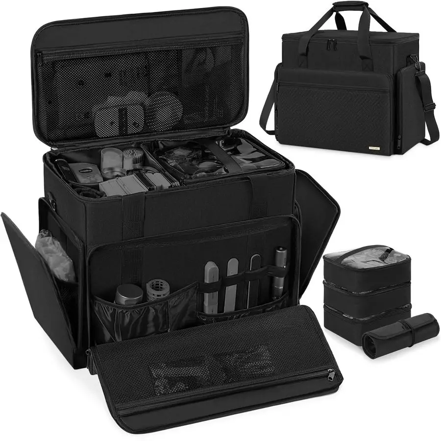 

Large Makeup Case with 4 Removable Pouches, Professional Make up Train Case, Travel Cosmetic Bag for Hairstylists Nail Tech Make