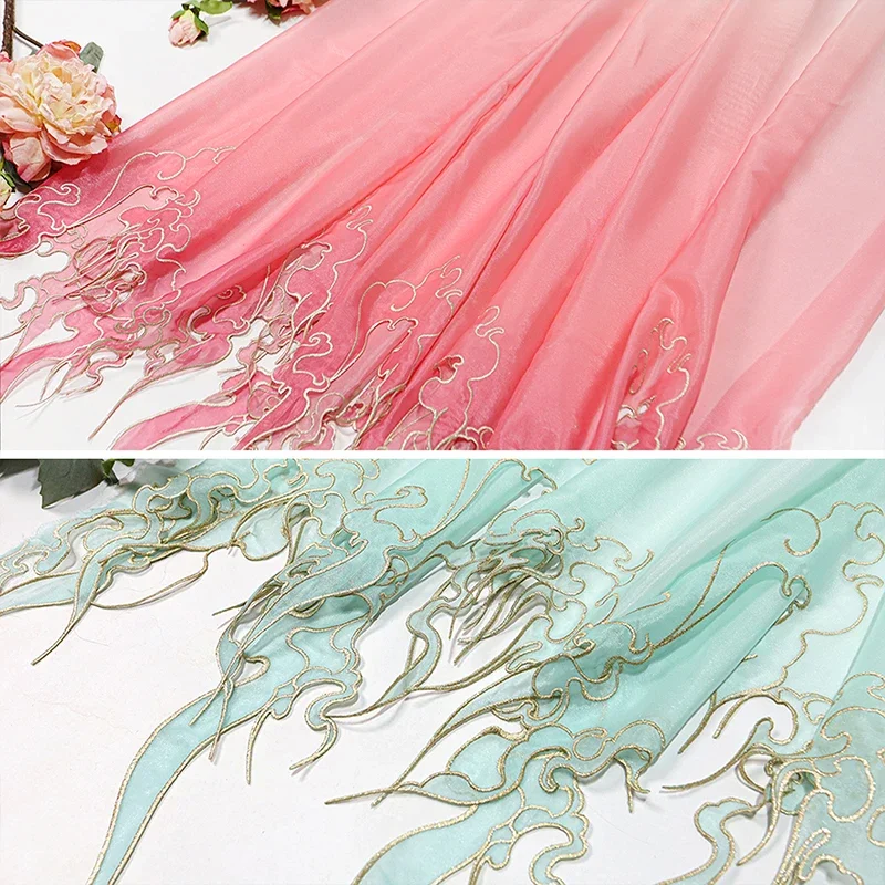 1M Chinese Style Heavy Industry Embroidery Fabric Gradient Petal DIY Edges Designer Fabric For Sewing Hanfu Dress Stage Costume