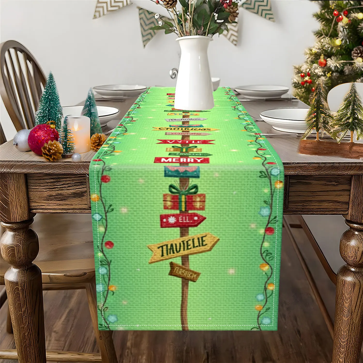 قطعة واحدة من مفرش طاولة بطابع عيد الميلاد، تتميز بعلامات ملونة وعناصر ضوئية، مناسبة لحفلات عيد الميلاد ومشاهد تزيين المنزل الاحتفالي #2