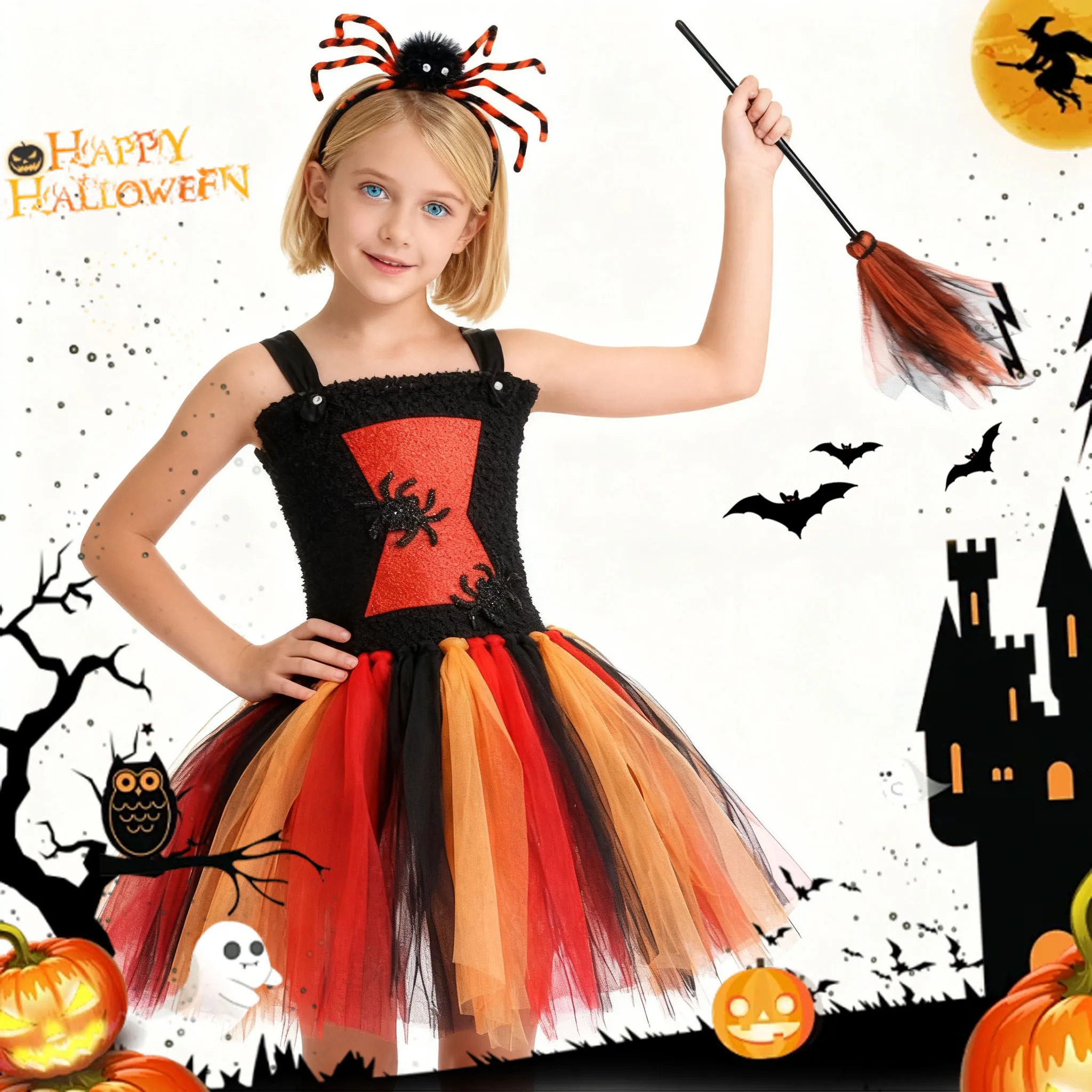 

Sparkly Witch Halloween Costumes Spider Wicked Cobweb Dress For Girls Children Party Outfit Kids Disguise Clothes With Magic Hat