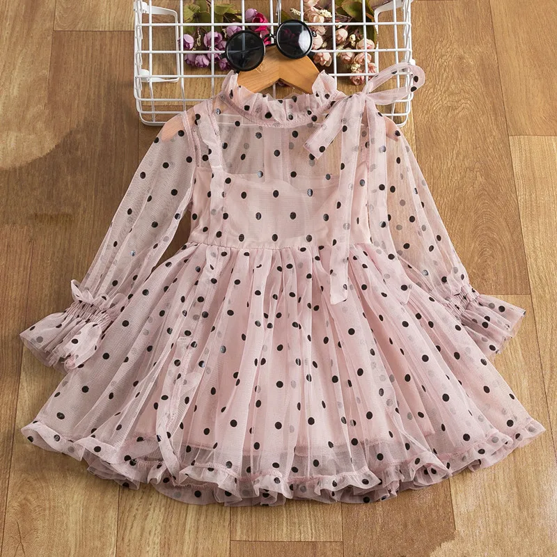 2-7 Year Polka-dot Girls Princess Dress For Kids Spring Autumn Long Sleeve Elegant Birthday Party Gown Children Casual Clothes