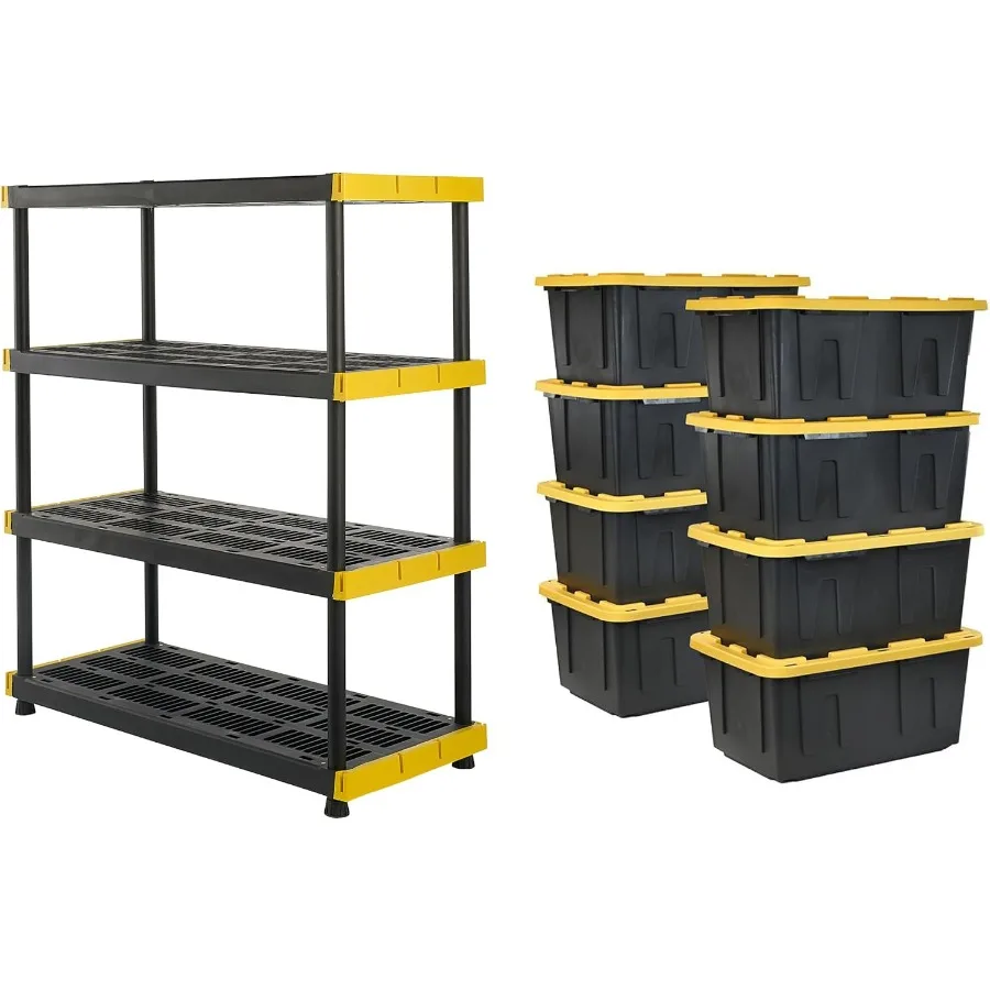 Black Yellow Shelving Unit with Heavy Duty Storage Containers Extremely Durable Shelf + 27 Gallon Container 8-Pack for Garage