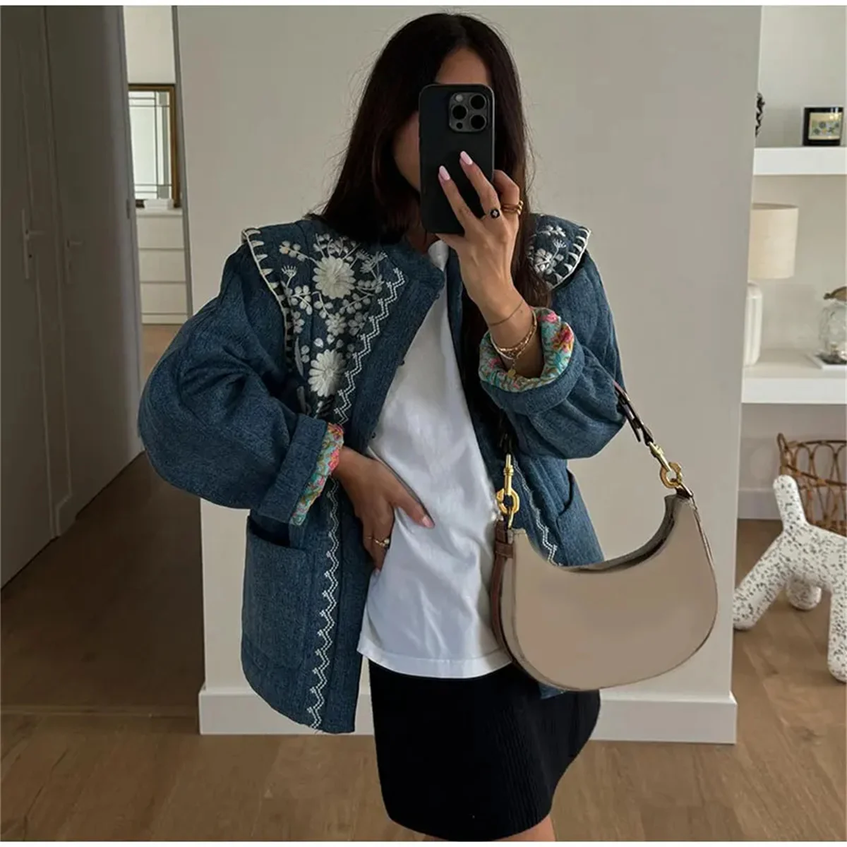 Printed Long Sleeve Padded Jacket Fashion Winter Coat Women 2024 New In Blue Pocket O Neck Jackets Female Warm Street Outerwear