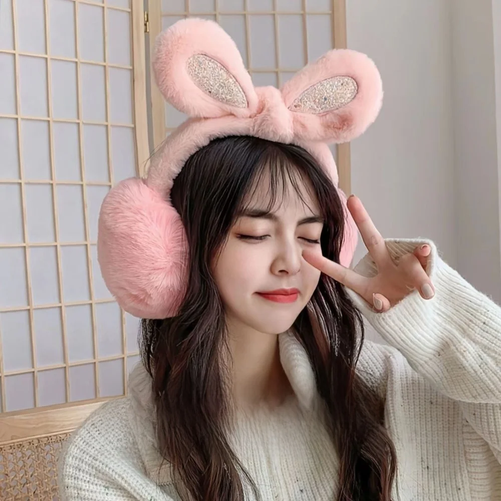 موضة أفخم الترتر أرنب الأذن غطاء للأذنين المضادة للتجميد سميكة الأذن دفئا الدفء طوي الشتاء الأذن يفشل للنساء الفتيات