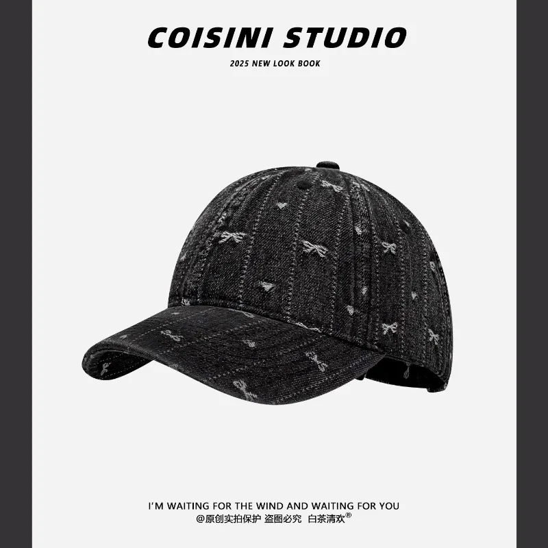 

Korean Simple Bow Embroidered Denim Baseball Cap Spring and Autumn Sunshade Adjustable Curved Brim Sun Hat for Men and Women
