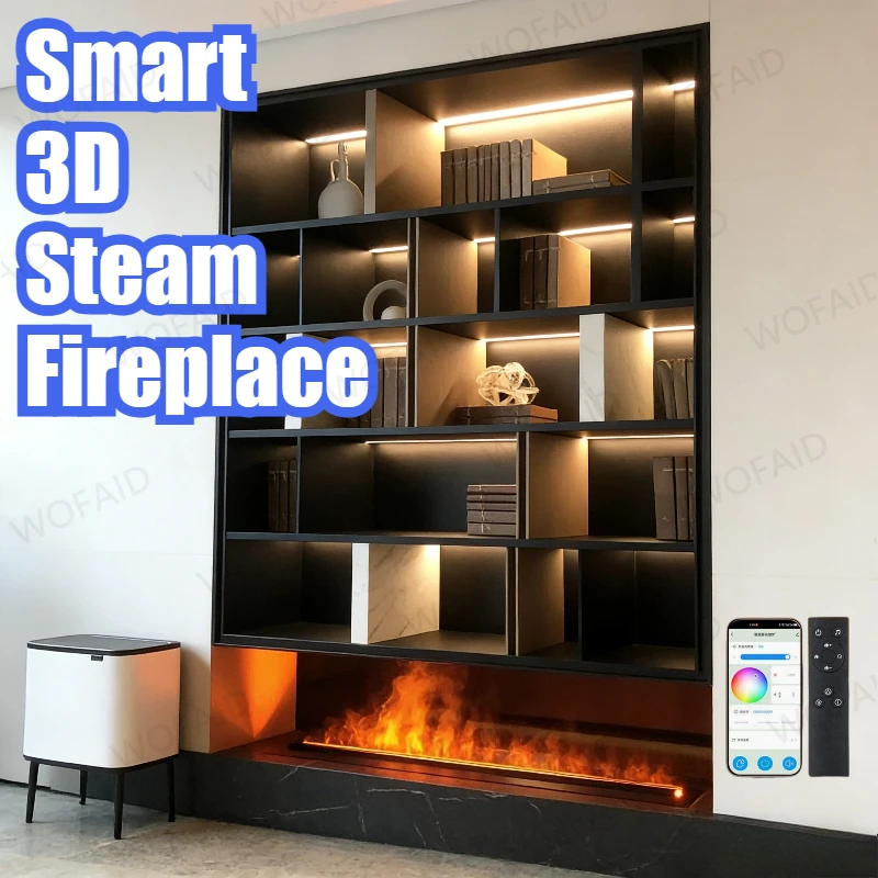 Smart 3D Steam Fireplace No Heating Electric Fireplace with Furniture WiFi Water Vapor Fireplace with Dimmable Light for Home