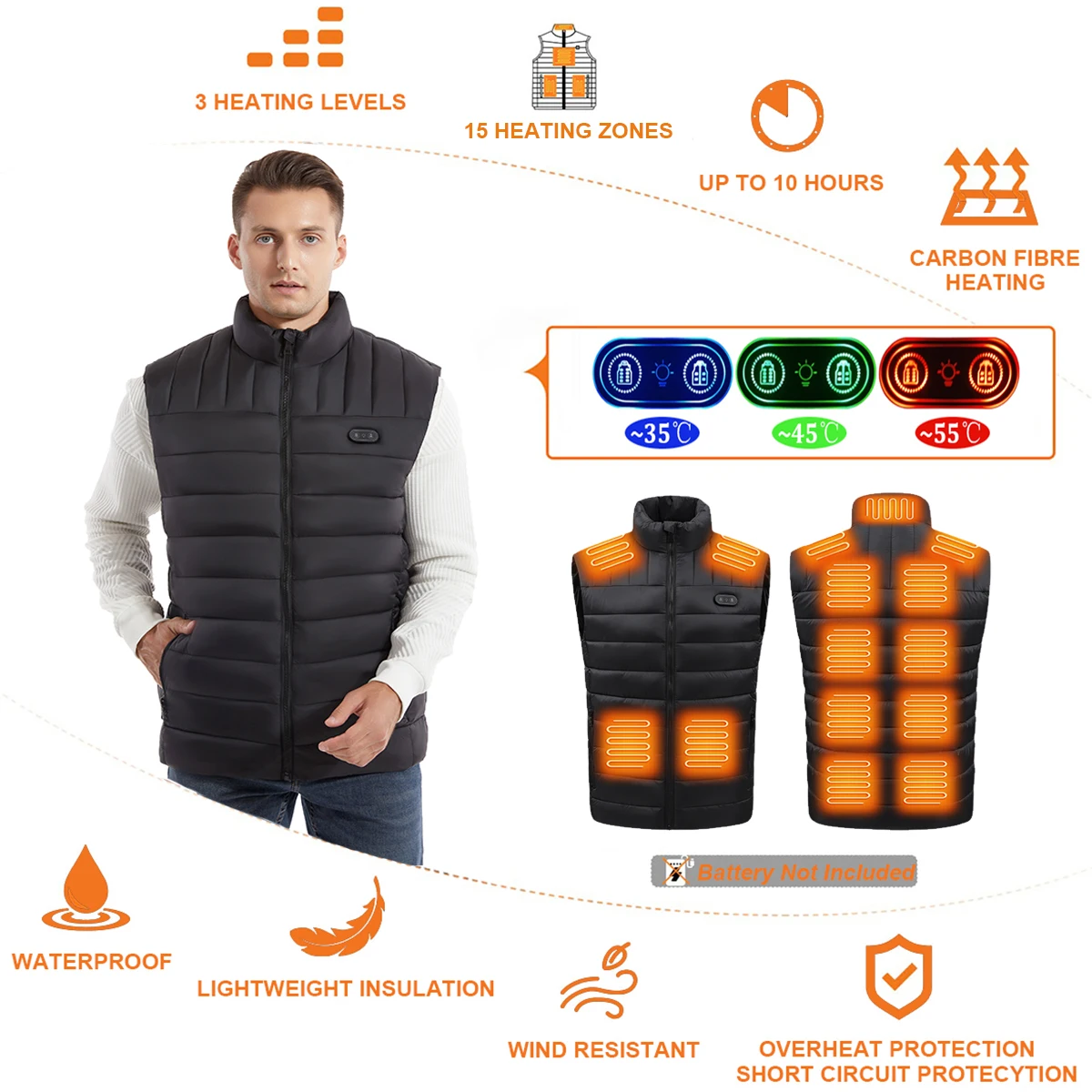 2024 New Heated Vest, Winter Warmth Outdoor USB Heated Vest with 15 Carbon Fiber Heating Pads, 3 Temperature Levels