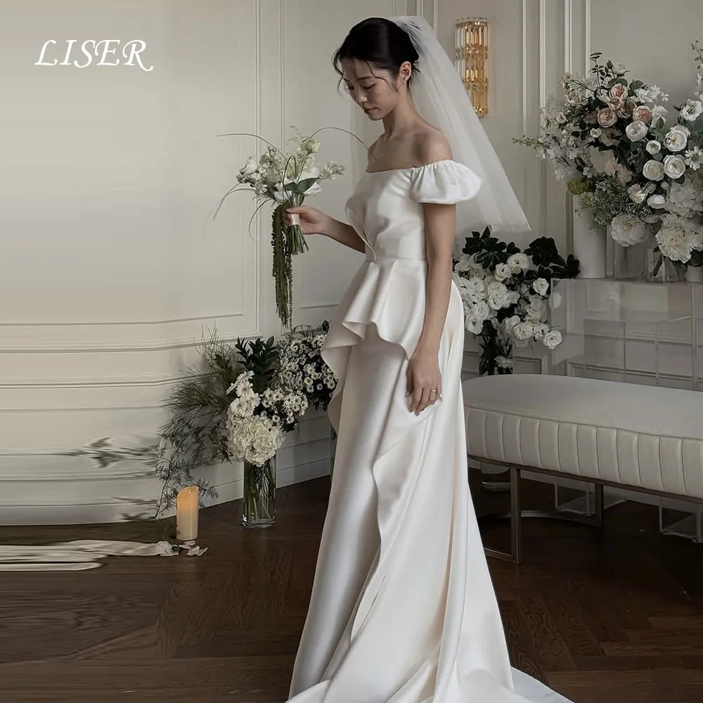 

Элегантные корейские свадебные платья Liser без бретелек с открытыми плечами трапециевидной формы, шелковые атласные свадебные платья для фотосессии 저 opple 드레스 Настроить
