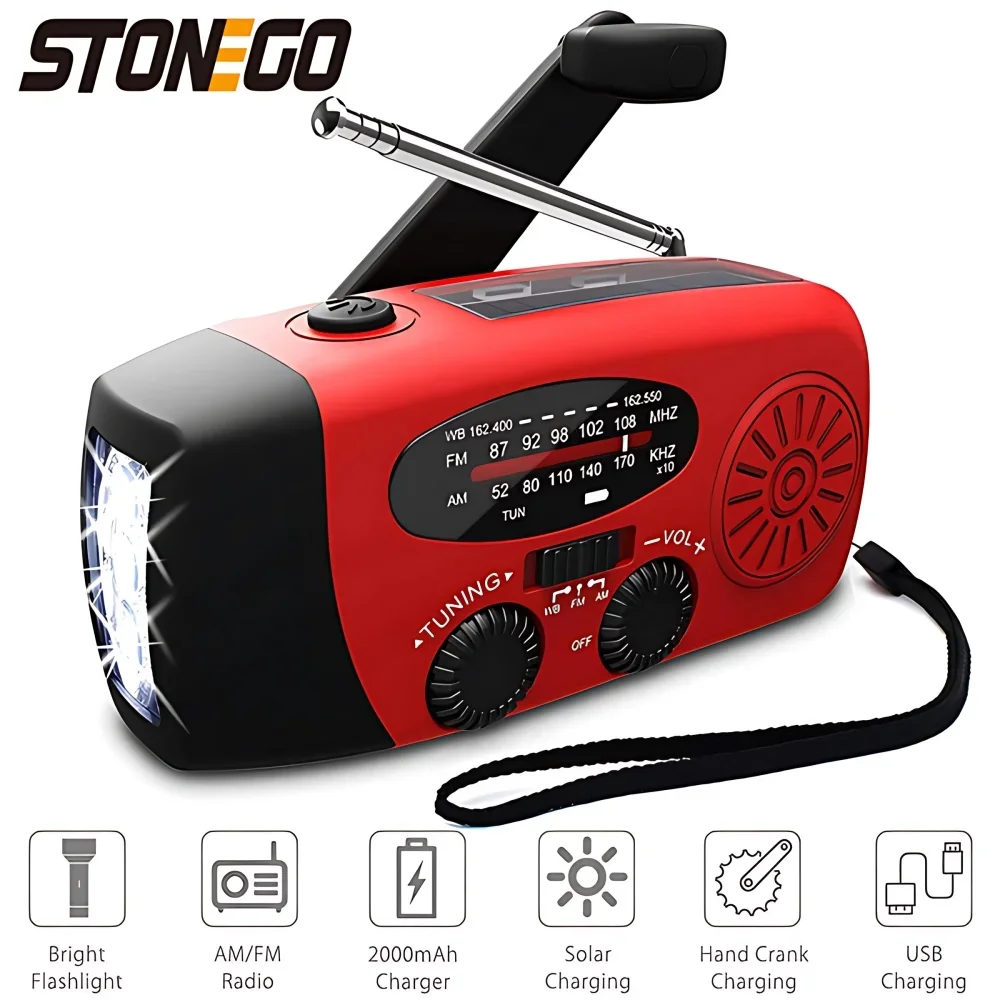 STONEGO Mergency Radio Solar Power Hand Crank Radio FM AM WB NOAA Weather Radio with LED Flashlight SOS Alarm 2000mAh