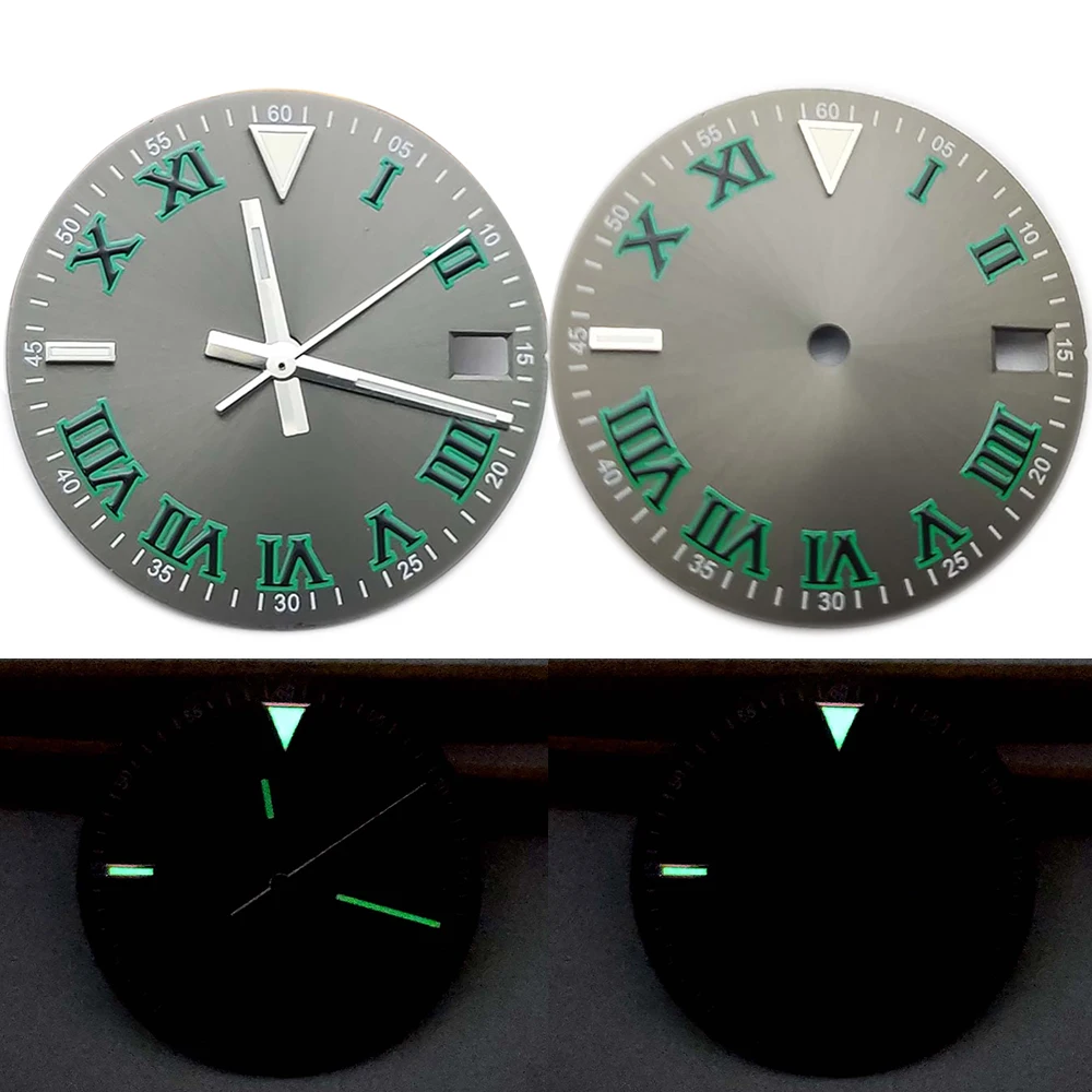 

28.5MM Roman Numerals Index Watch Dial for NH35 NH36 Movement Green Luminous Watch Face With/No Hands Accessories