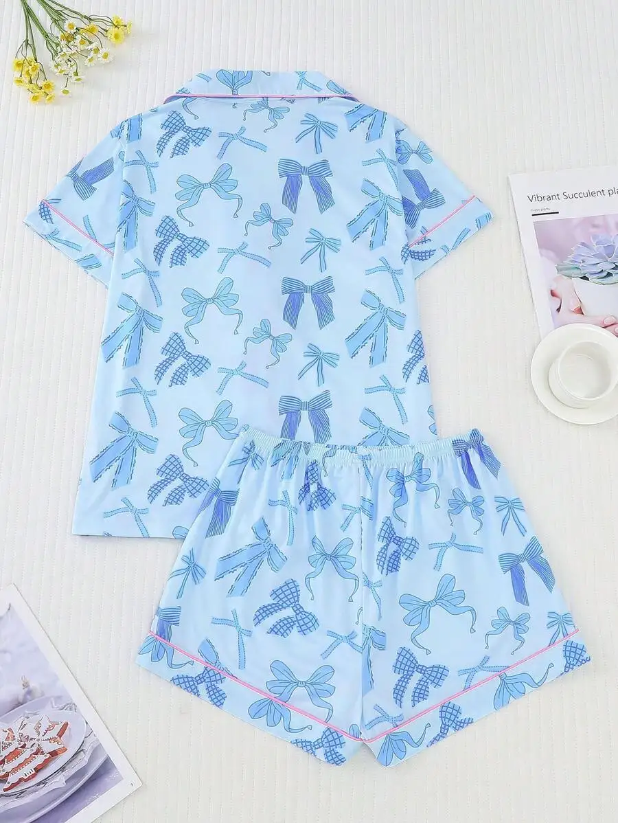 

2pcs Bow Print Short Sleeve Collared Pajama Set For Women Light Blue Sleepwear