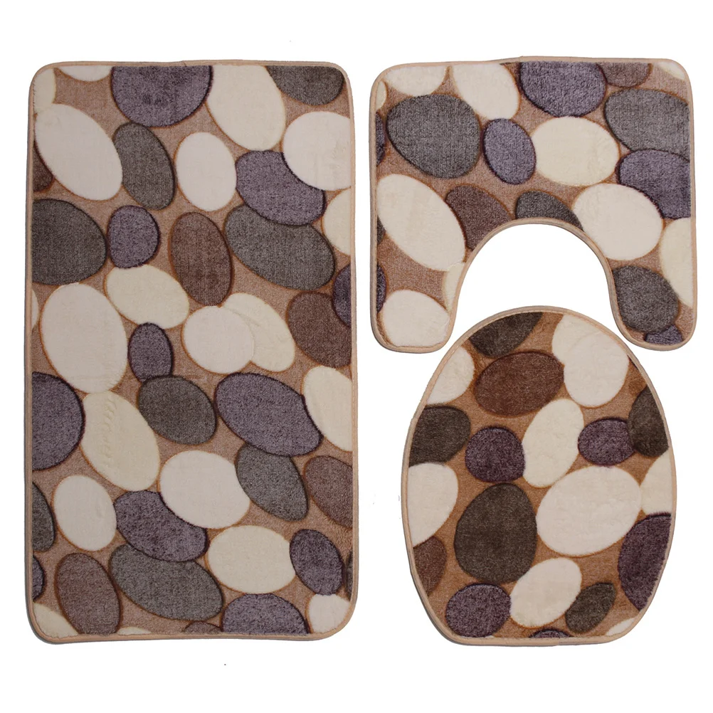 

3Pcs Cobblestone Bathroom Pedestal Mat Set Coral Fleece Non-Slip Bath Mat Toilet Rug Closestool Lid Cover