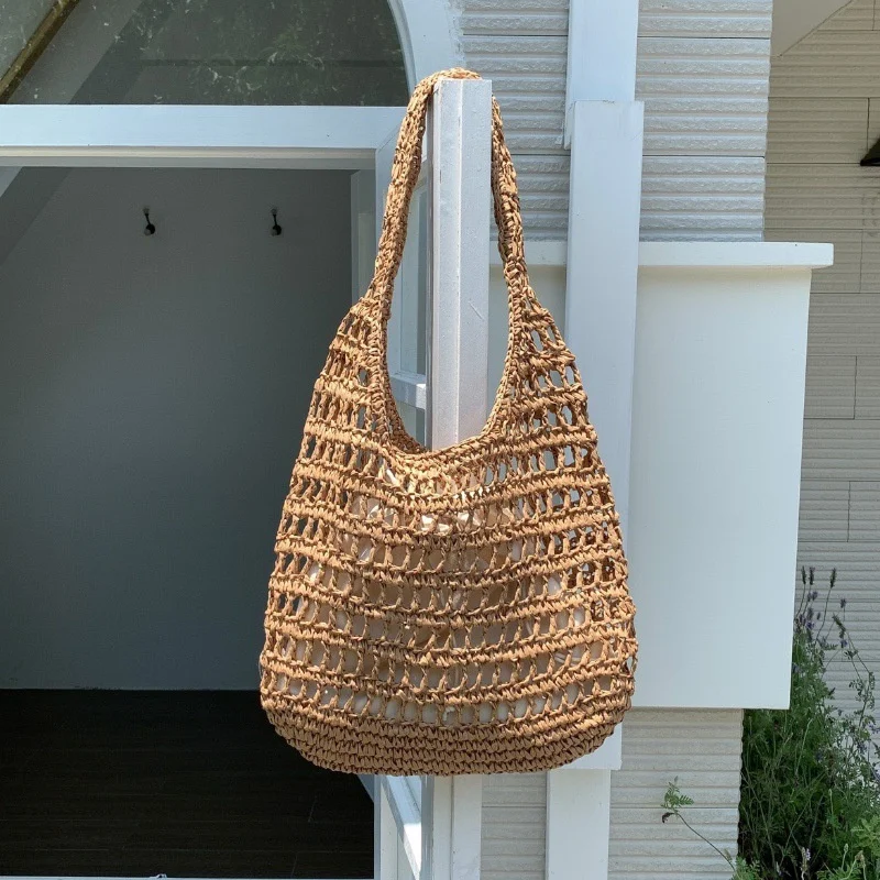 Summer Women Beach Tote Handbags Rattan Crochet Shoulder Bag Casual Commute Bag Vintage Straw Woven Bag