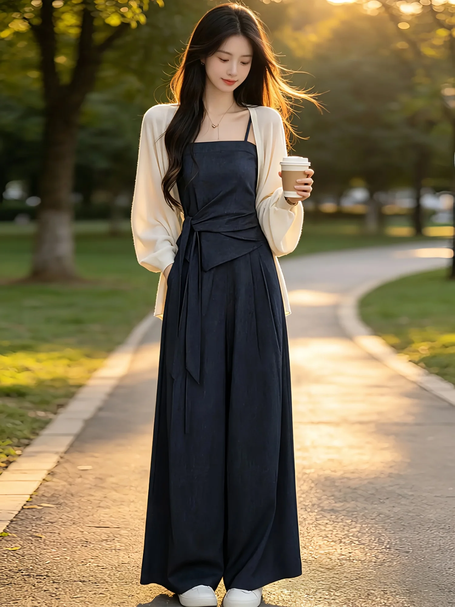 

Elegant Knitted Three-Piece Set Women's Summer Casual Wrap Belted Tank Top Open Cardigan Wide Leg Pants High Waist V-Neck