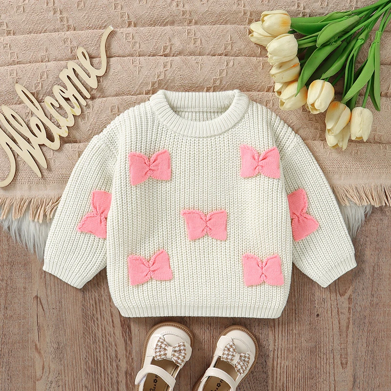 Baby Girl Knit Sweater Cute Bow Chunky Knitted Pullover Sweatshirt Toddler Girls Fall Winter Clothes Cute Outfits