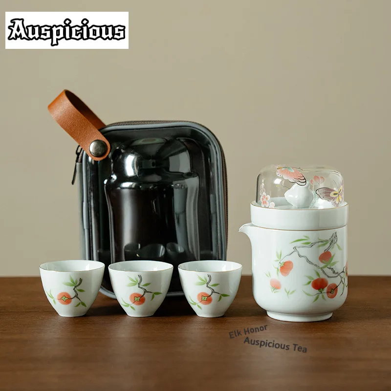 

Gold-embossed White Porcelain Persimmon Travel Tea Set Kit Japanese 1 Pot 3 Cups Tea Making Organizer Portable Outdoor Handbag