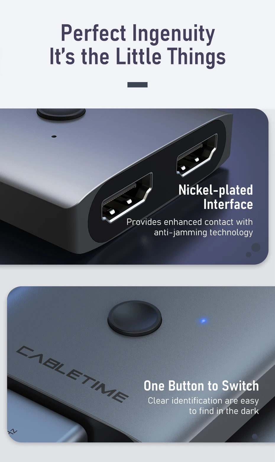 CABLETIME HDMI Switch Splitter 4K 2 in 1 Out 60Hz HDMI-kompatibel 2,0 Hub Switcher für PC Laptop HDTV Xbox PS4 PS5 TV Macbook – Detail 7