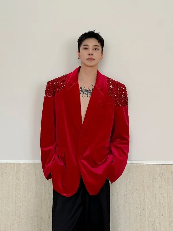 

Velvet Sequin Patchwork Red Suit Jaet Luxury Casual Sle Men's Faion Autumn Wear Stage Performance Ceremony Ele