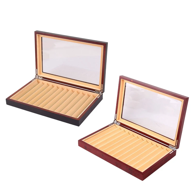 1 PCS 12 Grid Wooden Pen Display Case Storage Luxury Fountain Case Transparent Window Pen Box-Collection Organizer Ebony