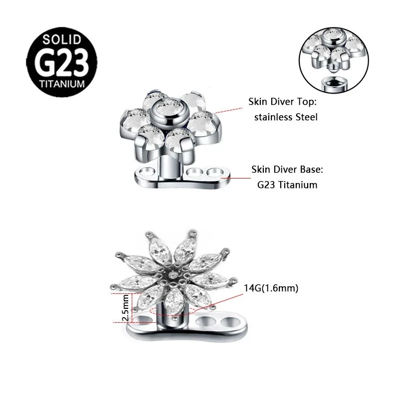 14G G23 Titanium Microdermals Flower Zircon Dermal Anchor Snake Bee Internal Thread Piercing Butterfly Skin Diver Body Jewelry