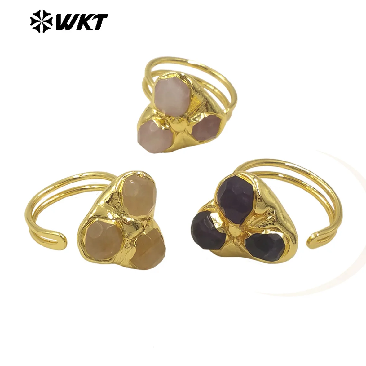 

WT-R570 Popular Fashion Women Gemstones Ring Three Stones Triangle Shape Gold Plated Adjustable Size Lovely Jewelry Gift