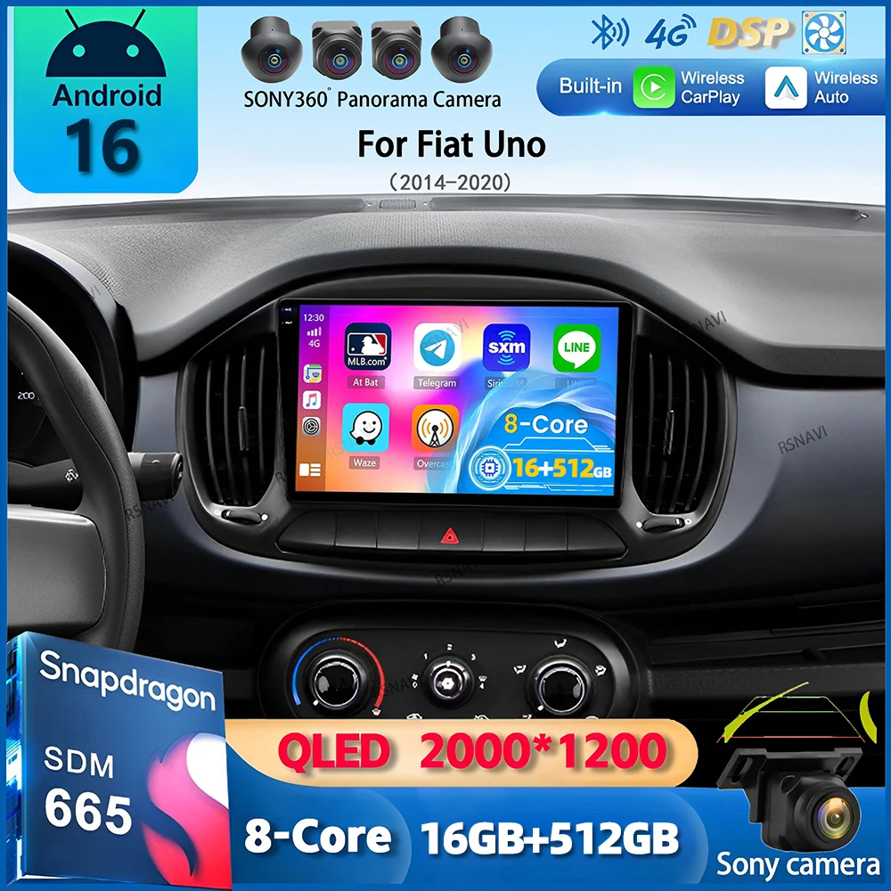Radio para Auto con Android 16 y Carplay para Fiat Uno 2014 2015 2016 2017 2018 2019 2020, Reproductor Multimedia GPS, Estéreo, Video, WIFI+4G, DSP