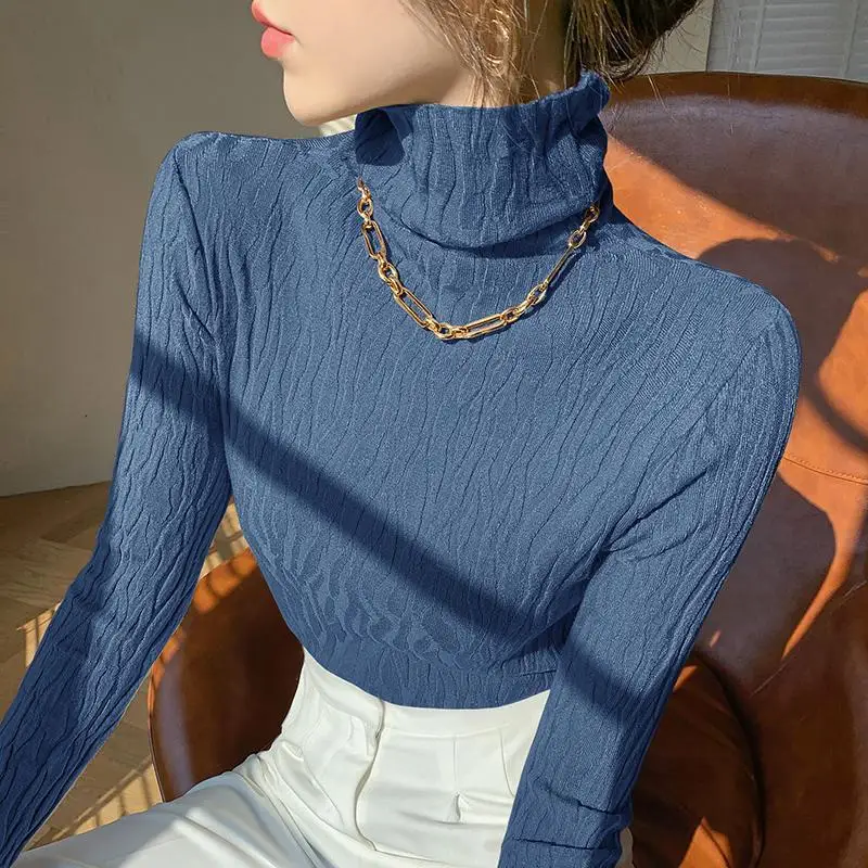 Korean Fashion Women Clothing Slim Turtleneck Sweater Spring Autumn Simple Solid Bottoming Long Sleeve Knitted Pullovers Tops