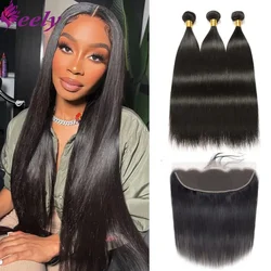 Straight Human Hair Bundles With 13x4 Transparent Lace Frontal Brazilian Natural Hair Extension 3 Bundles With Closure For Woman