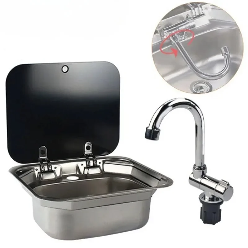 caravan camping Stainless Steel Hand Wash Basin Sink Tempered Glass Lid with Folded Faucet Boat camper Accessories