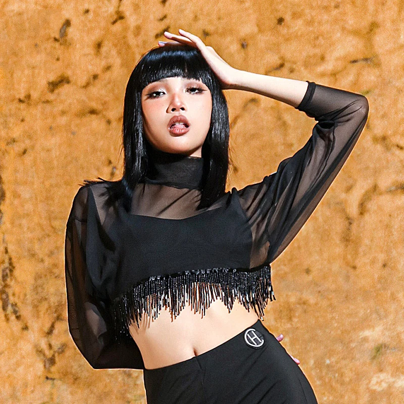 

2025 Latin Dance Practice Clothes For Adult Summer Sexy High Waisted Mesh Tops Chacha Rumba Tango Latin Dance Costumes DQS13474