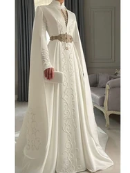 Ossétia-Vestidos de Casamento Nacional Bordados Muçulmanos, Manga Comprida, Gola Alta, Cetim Branco, Vestido de Noiva, Dubai, Árabe, Gelinlik