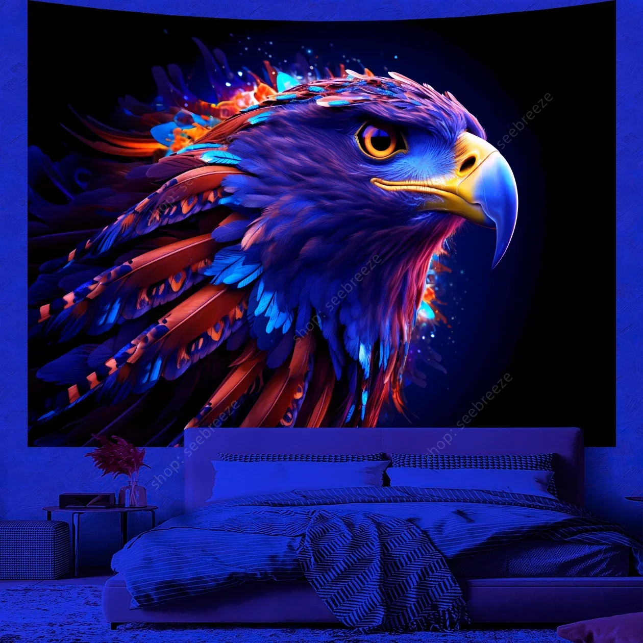 Animal Tapestry Psychedelic Eagle UV Reactive Tapestry Wall Hanging Hippie Room Decor Curtain Cloth Beach Towel Gift for Friend