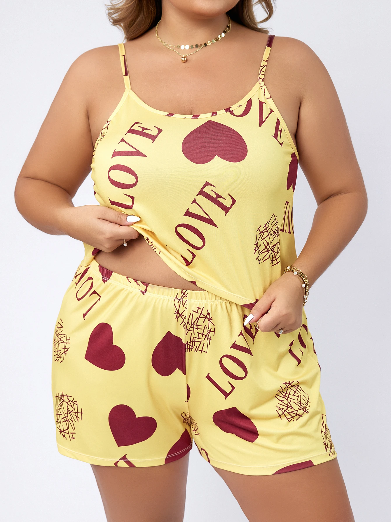 Women's Plus  Size 4XL XXXXL summer Heart Love Letter Print 2 Piece Pajamas Set Cami Top Elastic Waist Shorts Loungewear