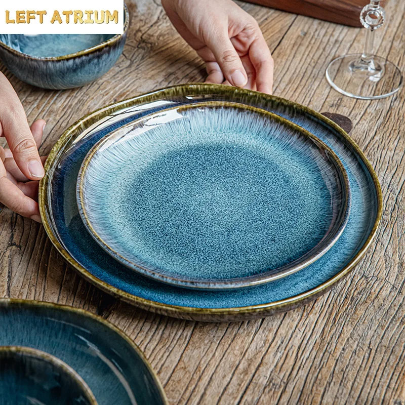 Flame-Killed Blue Ceramic Plate Retro Dessert Snack Plate Steak Plate Thick Soup Bowl Salad Bowl Pasta Bowl Restaurant Tableware