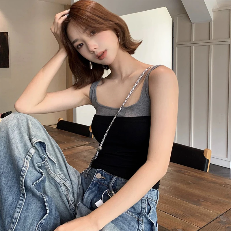 Hot Girls Fashion Contrast Color U-neck Sleeveless Slim Camisole With Chest Pad