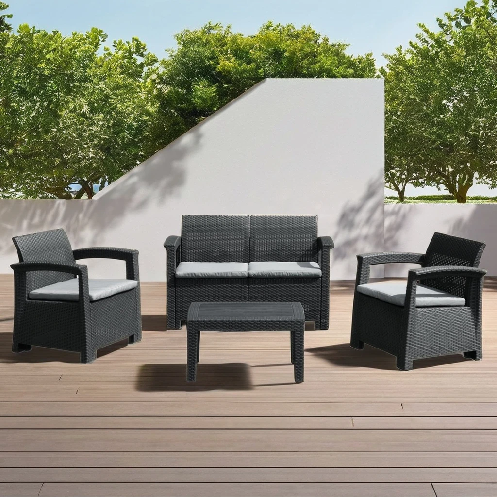 

Modern 3-Piece Outdoor Garden Set Balcony PP Bistro Sofa Chair with Coffee Table Iron Garden Tables Chairs for Patio