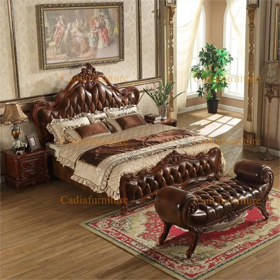 

Европейская антикварная резная кровать размера «queen-size/King» из натуральной кожи, мебель для спальни для дома или гостиницы