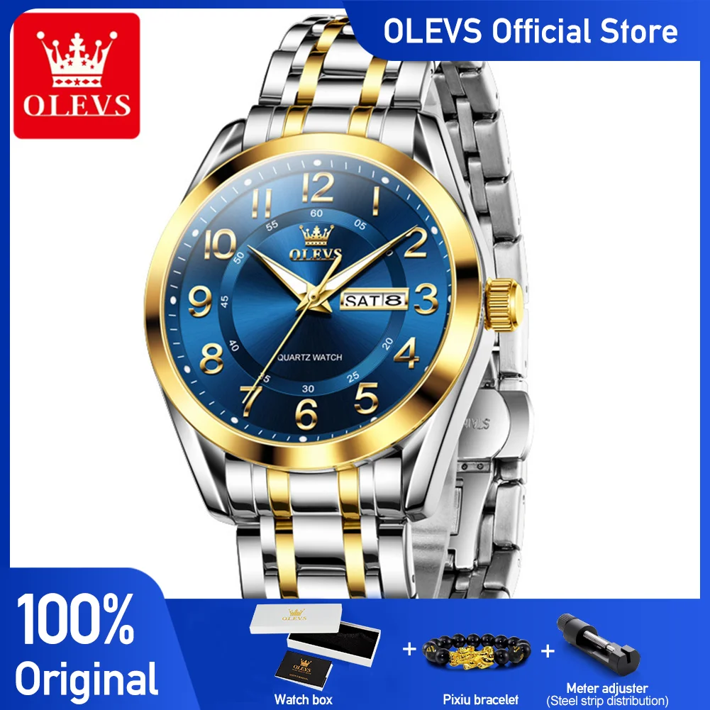 OLEVS 3666 ساعة رجالي ستانلس ستيل مقاوم للماء ساعة كوارتز رقمية وظيفة مضيئة العلامة التجارية الفاخرة ساعة رجالي