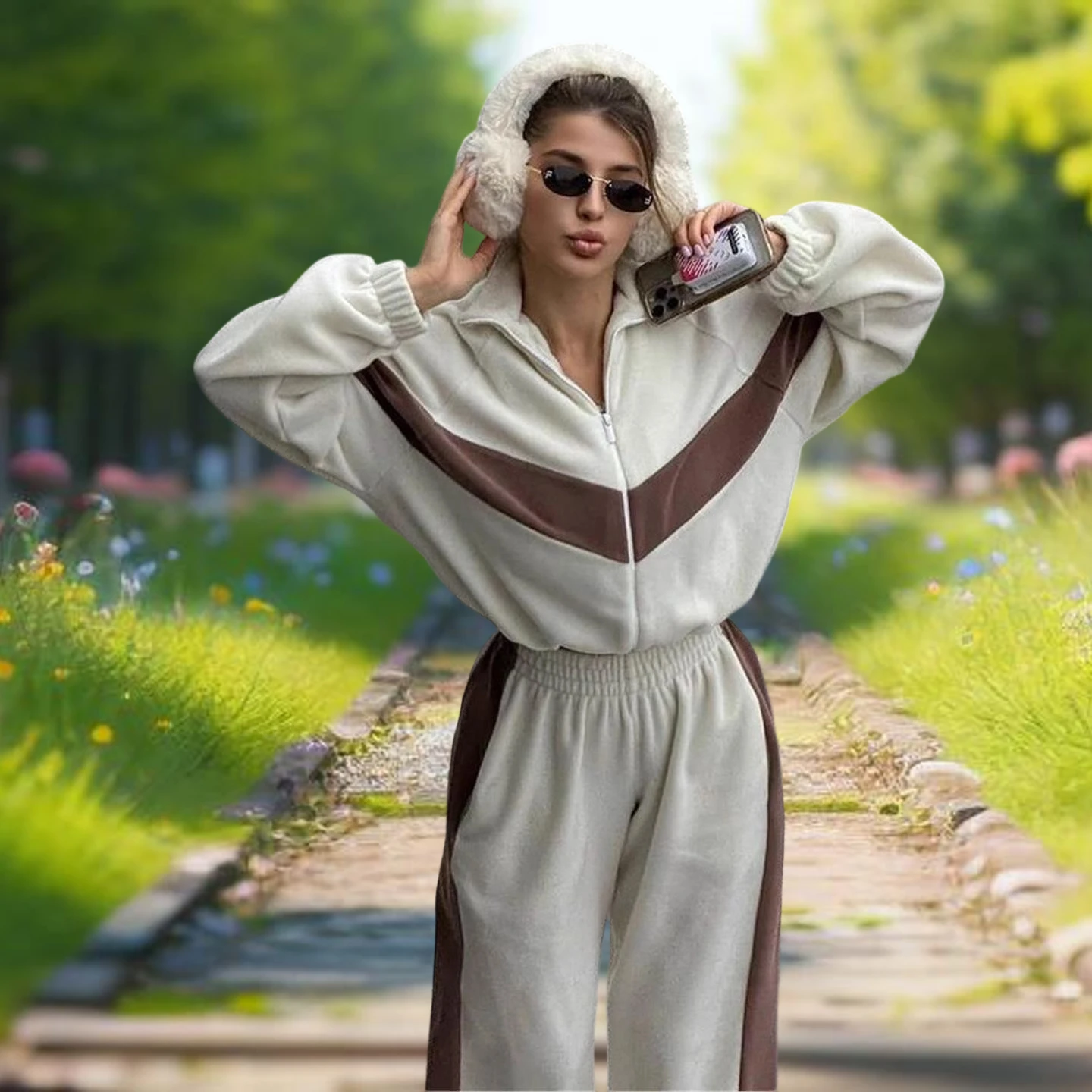 

Модный повседневный свободный комплект из топа и брюк на молнии, женская длинная одежда све, зимний сезон, одежда для отдыха, комплект футболок