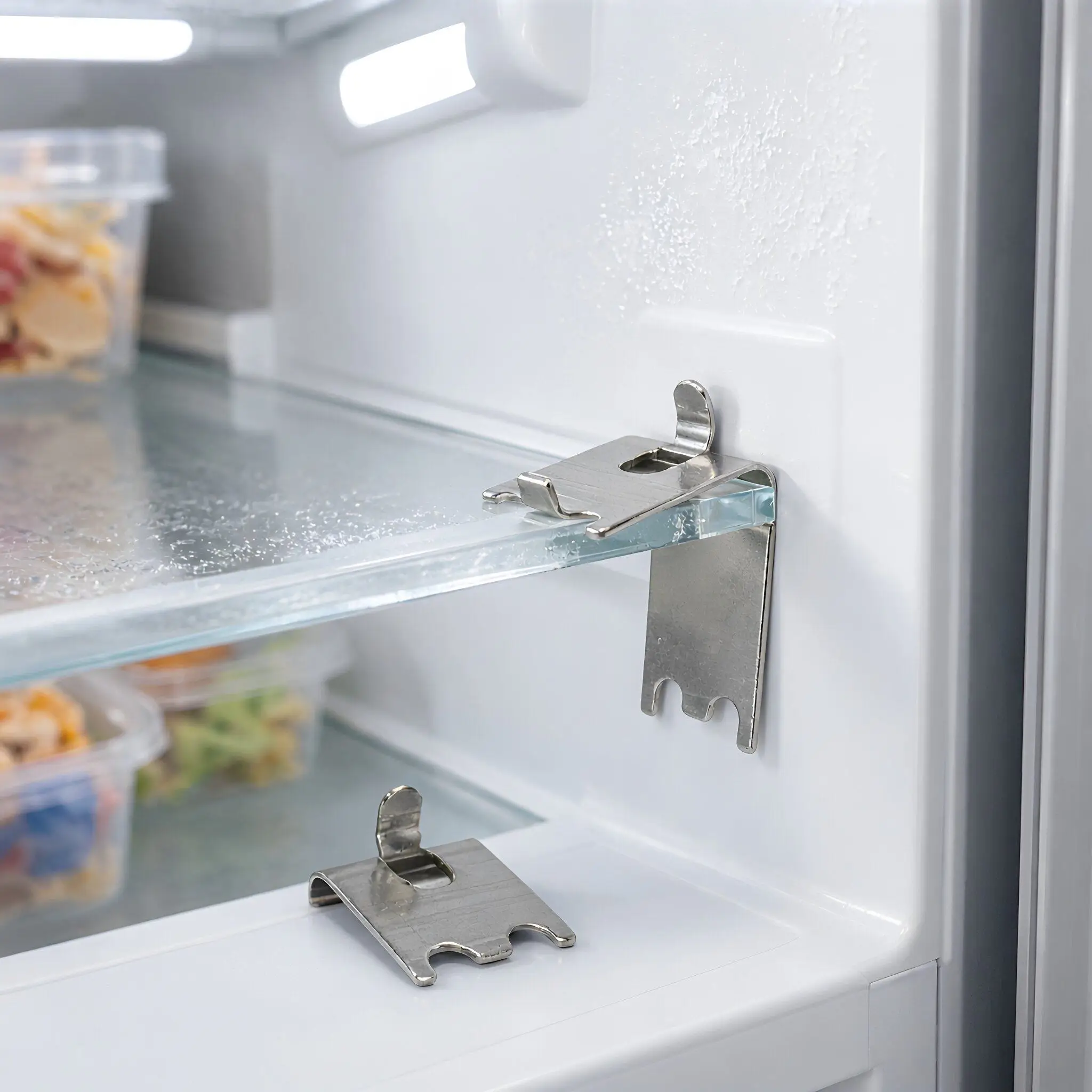 2Pcs Stainless Steel Freezer Clip Hooks Robust Fridge Shelf Support Clips for Refrigerator Glass Shelf Stabilization Tool