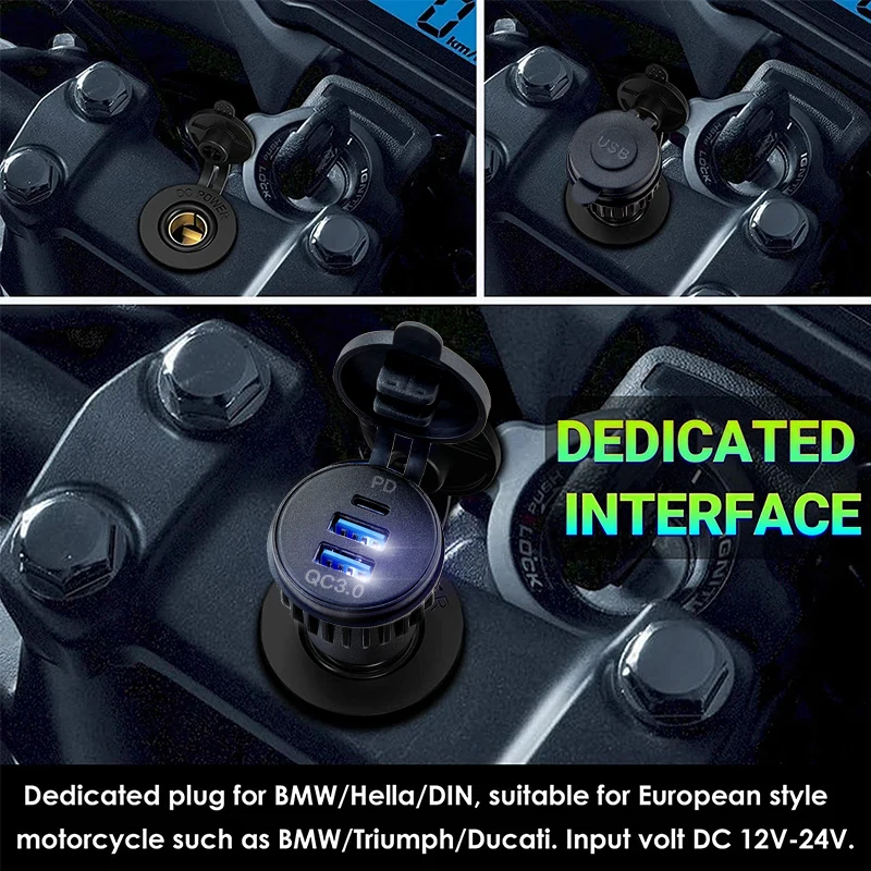 Chargeur étanche pour moto 30W QC3.0 USB type C PD, adaptateur d'alimentation Hella DIN, prise de courant rapide pour BMW Ducati Triumph