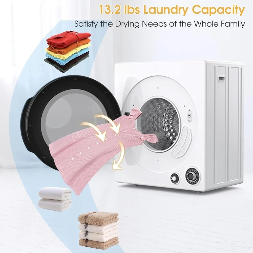 Furniture Accessories-Portable Clothes Dryer Front Load Compact Laundry Dryer 13.2LBS Stainless Steel Drum 5 Drying Programs