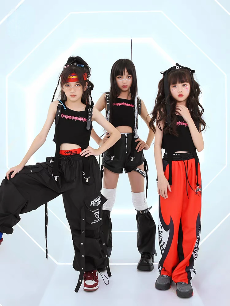 Neue Mädchen Street Dance Kleidung Anzug Schwarze Weste Hosen Hip Hop Leistung Kleidung Set Gruppe Trommel Konzert Bühne Outfits Streetwear