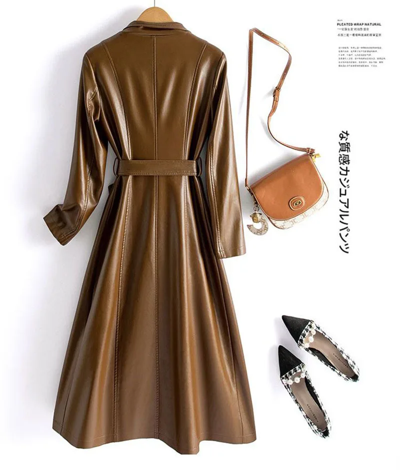 Trench da donna in pelle di pecora Autunno Inverno Moda Colletto alla coreana Doppio petto Cappotto lungo in pelle sottile con lacci Pelle divisa